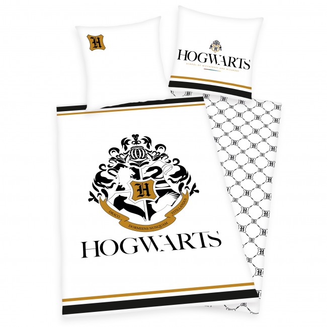 Harry Potter Bettwäsche in weiß mit Hogwarts Wappen in gold