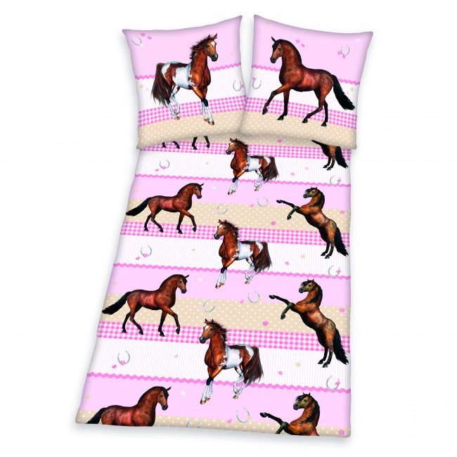 rosa Kinderbettwäsche mit vielen Pferden