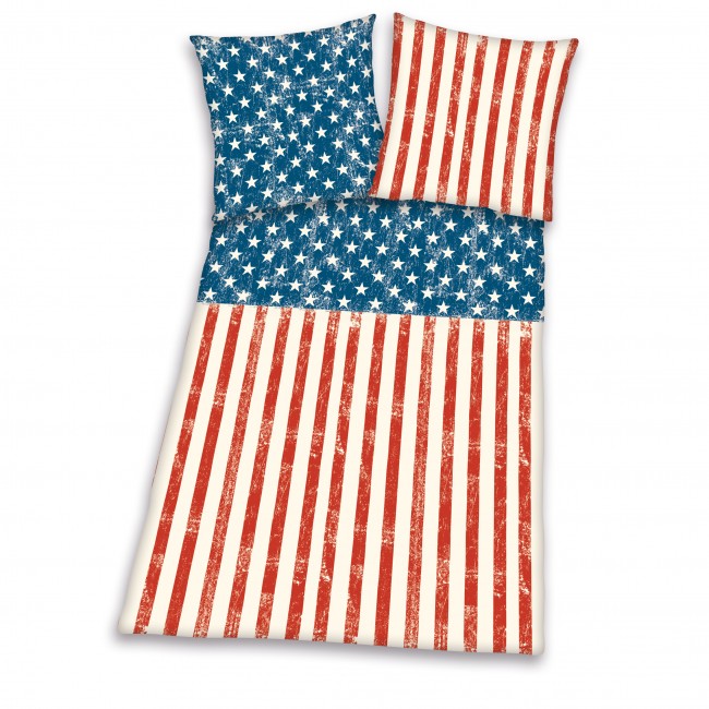 eine Bettgarnitur mit USA Flagge